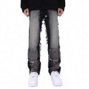 Hip Hop rozproszone szerokopasmowe dżinsowe spodnie Mężczyźni Flased Denim Mop Spodery Męskie Vintage luźne swobodne japońskie streetwear B174 M3RJ#