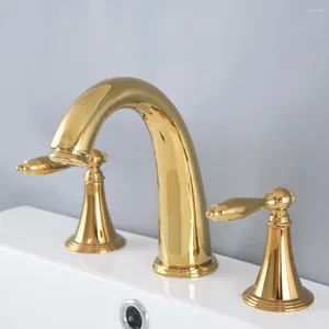 Torneiras de pia do banheiro Torneiras de 3 furos generalizadas Torneira montada dupla alça misturadora de água fria luxo polido ouro terminado tnf986