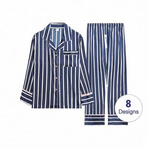 Zestawy piżamów męskich satynowe piżamę odzież nocną bieliznę śpiącą LG Stripeed Drukowana swobodna wiosenna jesień zima SA0706 N14Q#
