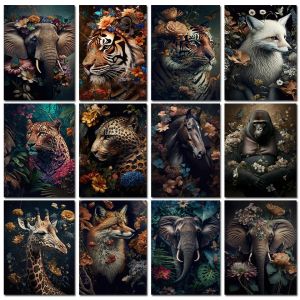 Stitch Tropical Plant Leopard Animals Diy Diamond Målning Tiger Wolf Elephant Art Living Room Full Diamond Mosaic Cross Stith Y989