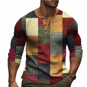 Outono Color Block Patchwork 3D Imprimir Henley Camisas Fi Vintage Butt-Down Lg Sleeve T Shirt Homem Tees Tops Roupas U5y1 #