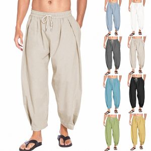new Arrival Men's Cott Hemp Harlan Pants Drawstring Casual Capris Lightweight Loose Beach Yoga Pant Belt Pocket Trousers 47Xv#