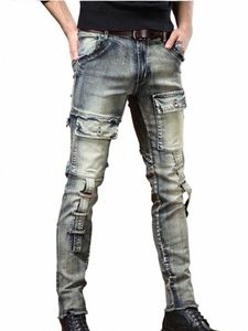 2023 Fi Jeans men's Persality Multi-Pocket Trend Slim Fit Pants Elastic Streetwear Boyfriend Biker Man Straight Trousers 36EN#