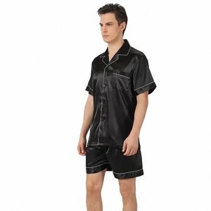 Dünne Farbe Home Anzug Satin Kleidung Männer Hemd + Shorts Sommer Pyjama Eis Sets Kurze Männliche Seide Ärmel Feste beiläufige Nachtwäsche 2 stücke Y5Yg #