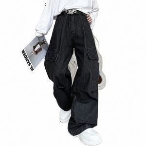 pfnw Jeans da uomo con tasche larghe Patchwork Gamba larga Pantaloni in denim maschile Pantaloni casual da uomo larghi in tinta unita Primavera New Chic 9C1872 P3PX #