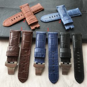 24mm Handmade Black blue Stitched Genuine Calf Leather Watch Strap Band For deployment buckle Watchband Strap for PAM304F