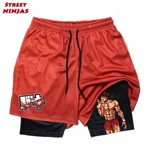 Anime Baki Hanma 2 i 1 kompressionshorts för män Athletic Gym Shorts Quick Dry Stretchy Summer Sport Fitness Workout Running 240313