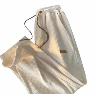 Mid-rise cintura elástica calças masculinas bolsos com cordão com nervuras de secagem rápida verão ultra-fino seda gelo calças casuais z0tS #