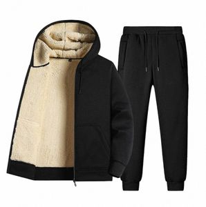 men Tracksuit Sets Lambswool Thicken Warm Jacket Lg Pants Zipper Sweatshirt Coat Trousers Outdoor Casual Fleece Sportswear 57IY#