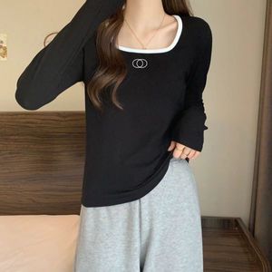 Womens Slim Shirts Blouse Shirt Summer Designer Embroidery Letters Long Sleeves Blocking Round Neck Yoga Tops Tees Asian Size S-XL