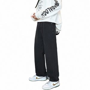 2022 Sonbahar Yeni Erkekler Gevşek Kot Kore Sokak Hip-Hop Baggy Düz Geniş Bacaklı Pantolon Erkekler Sıradan Pantolon Siyah Işık Mavi3xl 278G#