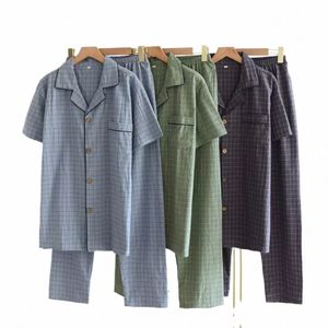 2024 Spring Summer Men's Pajamas Short Sleeved Top and Pants Wed Cott Simple Plaid Home Service Suit Pantal Pijama Hombre N69T#