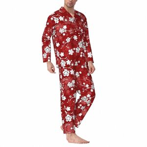 red And White Floral Sleepwear Autumn Cherry Blossom Casual Oversize Pajama Sets Man Lg Sleeve Comfortable Bedroom Nightwear d51U#