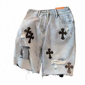 summer Men's Cross Hole Ragged Edge Denim Shorts Design Feel Casual Capris Wed Wide Leg Mid Pants Men Jeans Shorts A3rT#