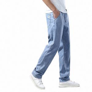 lyocell Ice Silk Jeans Men's Summer Ultra-thin Loose Straight Denim Pants Soft Comfortable Brand Male Light Blue Trousers Y3Lc#