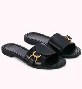 Novo verão caminhada de luxo feminino chinelo marcie sandálias sapatos preto ouro-tonificado fivela couro de bezerro tpu sola slide apartamentos deslizamento-em chinelos mula diariamente senhora andando sapato