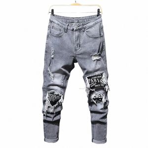 Мужские джинсы с вышивкой Мужские эластичные рваные джинсы скинни Cott высокого качества в стиле хип-хоп с черной дырой Slim Fit Джинсовые брюки больших размеров C07i #