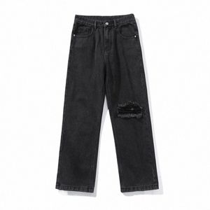 jeans Men's Spring and Summer Vintage High Street Pants Black Cropped Pants Slim Fit, Broken Hole Small Straight Casual Pants f9jF#