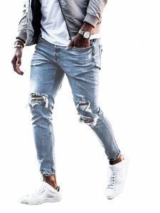 Jeans da uomo Streetwear Ginocchio strappato Skinny Hip Hop Fi Estroyed Hole Pantaloni Tinta unita Uomo Stretch Casual Denim Grandi pantaloni m62b #