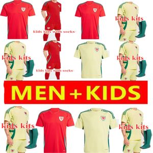 País de Gales Nova Jersey 2024 Camisa de Futebol WILSON RAMSEY BALE Euro Cup Seleção Nacional 24 25 Camisa de Futebol Masculino e Infantil Kit Conjunto Completo Home Vermelho Fora Uniforme Amarelo Harris