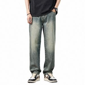 free Delivery 2023 Men's New Summer Mid Rise Retro Straight Leg Jeans Worn Out Paint Speckled Casual Pants B2Gl#