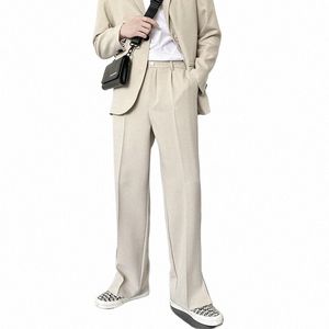 NOWOŚĆ MĘŻCZYZN SUPNE Koreańskie swobodne spodni neutralny solidny projekt szeroką nogę Busin Wygodne spodnie proste streetwear t3Hz#