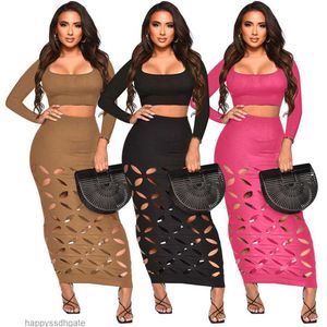 NEW Designer Dress Sets Women Two Piece Sets Fall Long Sleeve Shirt Crop Top and Hollow Out Maxi Skirt 2pcs Suits Street Wear Bulk items Wholesale Clothes 10086