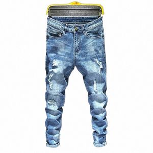 Classic Light Blue Jeans Men's Trendy Brand Stretch Slim Fit Cowboys Calças com Buracos em Casual Pequenas Calças Jeans Retas M6nL #