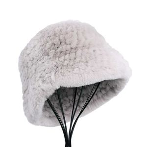 帽子豪華な女性冬冬のレックスラビットファーニットハットバケツハットふわふわと暖かいビーニーレディースレディースファッションアクセサリーc24326