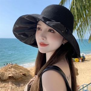 Wide Brim Hats Sunscreen Hat For Women Summer Anti-UV Sun Face Covering Patchwork Knitted Sequined Fisherman Spring And