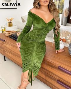 CMYAYA Women Velvet Drawstring Ruched Up Off Shoulder Long Sleeve Bodycon Midi Dress Sexy Party Club Night Pencil Dresses 240315