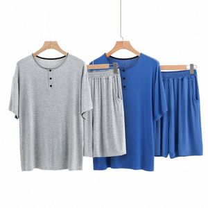 soft Modal Men's Pajamas Set Henley Shirt and Shorts Casual Summer Thin Sleepwear Male 2pcs Home Clothes Loungewear Short Pants x55Y#