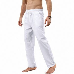 Men Cott Linen Pants Lose Spring Casual Pants Male Bentable Solid Color Full Length Drawstring Jogger Yoga Linen Byxor E74C#