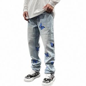HARAJUKU Butterfly Print Wed Blue Jenas Pants for Mens Retro prosty styl klimatu Zerwane swobodne spodnie dżinsowe duże Q5UJ#
