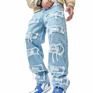 2023 Simple Men Stylish Hip Hop Ripped Patch Loose Jeans Pants Streetwear Male Casual Straight Denim Trousers 13As#