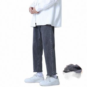 Inverno escovado engrossado azul cortado jeans solto pequeno reto perna larga calças jeans borda crua calças casuais dos homens roupas de marca k4FR #