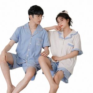 summer New Knitted Cott Couple Cardigan Men's Pyjamas Women's Pajamas Set Casual Male Sleepwear Pyjamas Night Pijamas 3XL Home v7vC#