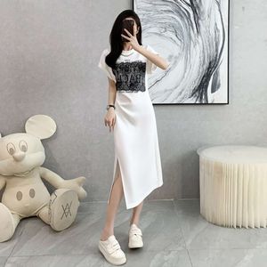 French High-end Exquisite White Dress for Children's Summer Waist Reduction and Slimming Temperament, Slit Long Skirt, Casual T-shirt Skirt