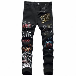 Męskie FI Hip Hop Youth Street Men Mężczyznę marki Wysokiej jakości szczupły elastyczne podarte dżinsowe spodnie 2023 Nowe mężczyźni spodnie Czarne K2L2#