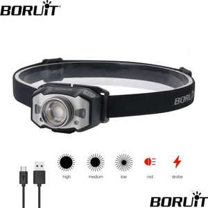 Headlamps Boruit B33 Motion Sensor Led Mini Headlamp Xpg2 3030 Red Light Zoom Headlight Usb Rechargeable Head Torch Fishing Flashligh Dhane