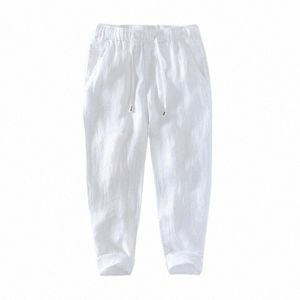 100% linho masculino cintura elástica cor sólida simples básico casual calças soltas verão fi branco natureza heathy respirável calças t2tf #