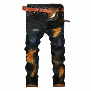 Männer gerade Jeans Denim Dasual High-End-Cott-Design FI-Hosen europäischer und amerikanischer Stil Loch Hip Hop Party Plus Größe S5BS #