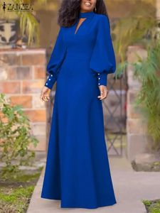 ZANZEA Vintage Aushöhlen Maxi Vestidos 2023 Lange Puff Sleeve Dres Herbst Wartete Robe Mode Stehen Kragen Taste Kleider 240323