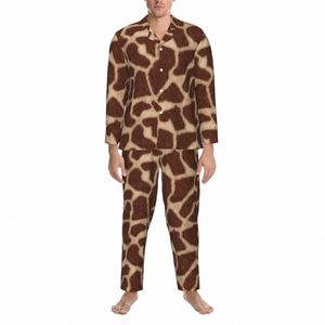 Pyjamas Männer Giraffe Drucken Schlafzimmer Nachtwäsche Braun Tier 2 Stück Casual Lose Pyjamas Set LG Ärmeln Nette Übergroßen Hause Anzug z6Me #