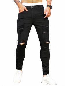 fi Men's Street Ripped Jeans Pure Black Stretch Tight Small Foot Pencil Pants Boyfriend Club Clothing Denim Ropa Hombre 24pW#