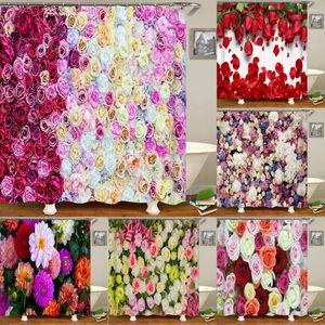 Cortinas de chuveiro Cortina Colorida Flores Frescas Floral Impressão 3D Poliéster À Prova D 'Água Decoração de Casa Com Ganchos