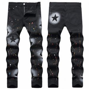 korean Style Streetwear Luxury Straight Leg Jeans Men's Cott Trousers Black Hand-painted Slim Cowboy Star Stretch Denim Pants H0zB#