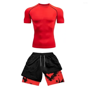 Ternos masculinos conjunto de roupas esportivas de compressão terno de fitness para homens camisa de secagem rápida calções de ginásio 2 peças treino de corrida