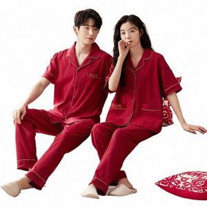 2024 Spring Autumn Par Short Sleeve LG Pants Cott Pyjama Set For Men Chinese Red Sleepwear Pyjamas Women Homewear Clothes D7bs#