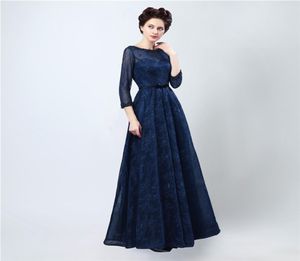 Sexig lång aftonklänning Vestidos Longos Para Formatura Dark Blue Elegant Lace Prom -klänningar med ärmar4239829
